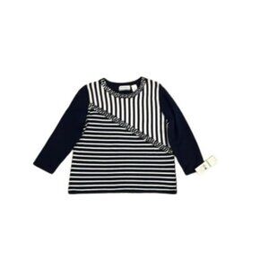 NWT Alfred Dunner Petite Navy Strip 3/4 Sleeve Knit Top w/ Embellishment